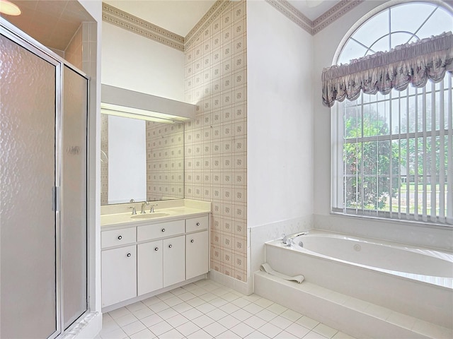 6147 N Whispering Oak Loop, Beverly Hills, FL 34465 - full bathroom featuring wallpapered walls, crown molding, a stall shower, tile patterned flooring, and vanity