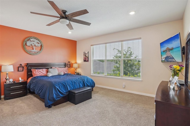 bedroom with baseboards, carpet, recessed lighting, and ceiling fan