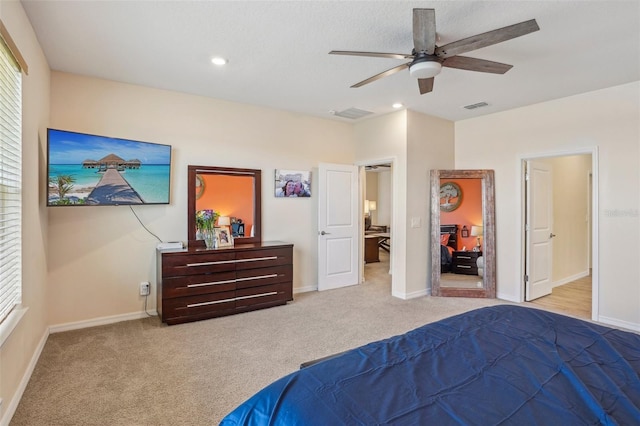 bedroom featuring carpet, baseboards, recessed lighting, and ceiling fan