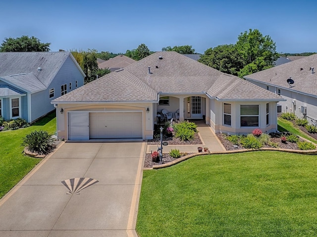 3112 Burbank Ln, The Villages, FL 32162 - view of front of property with a shingled roof, driveway, an attached garage, and a front yard