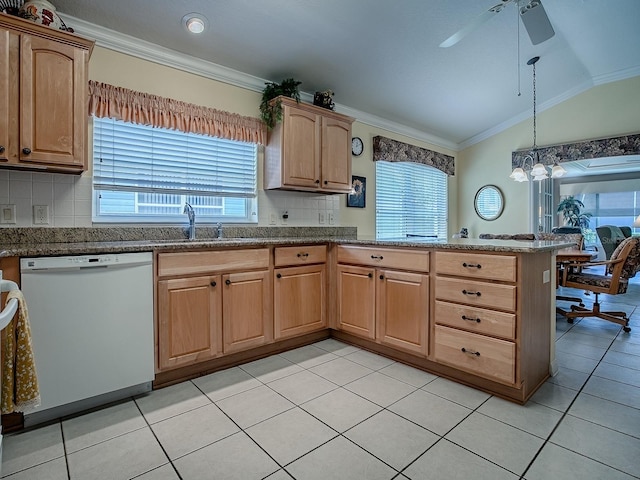 3112 Burbank Ln, The Villages, FL 32162 - kitchen with dishwasher, ornamental molding, vaulted ceiling, a peninsula, and a ceiling fan