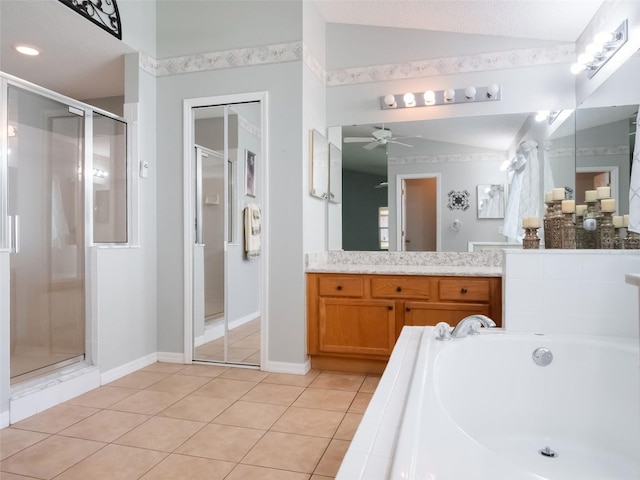 25243 River Crest Dr, Leesburg, FL 34748 - full bathroom featuring a stall shower, vanity, a garden tub, a ceiling fan, and tile patterned floors