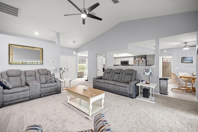 8180 N Duval Dr, Citrus Springs, FL 34434 - living room featuring a ceiling fan, carpet, high vaulted ceiling, recessed lighting, and baseboards