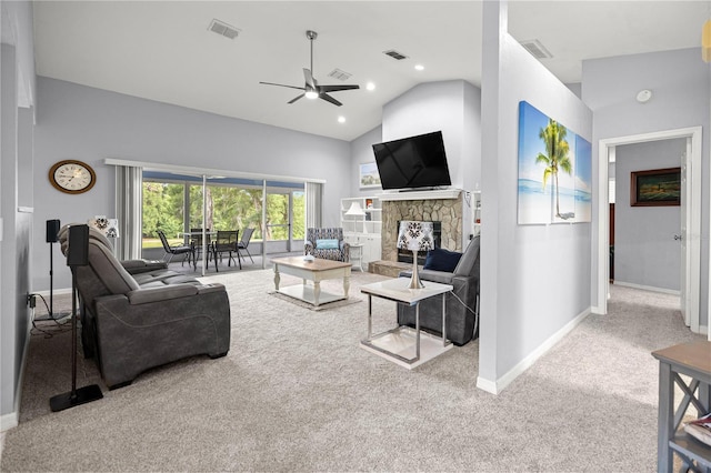8180 N Duval Dr, Citrus Springs, FL 34434 - living room with carpet flooring, a ceiling fan, baseboards, a fireplace, and high vaulted ceiling