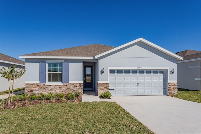 5017 Balsam Falls Rd, Deland, FL 32724 - single story home featuring stone siding, stucco siding, a garage, a front lawn, and concrete driveway