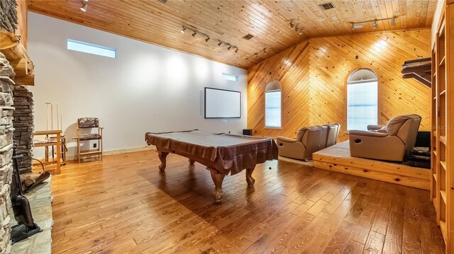 15245 Arabian Way, Montverde, FL 34756 - playroom featuring track lighting, wooden ceiling, wooden walls, pool table, and baseboards