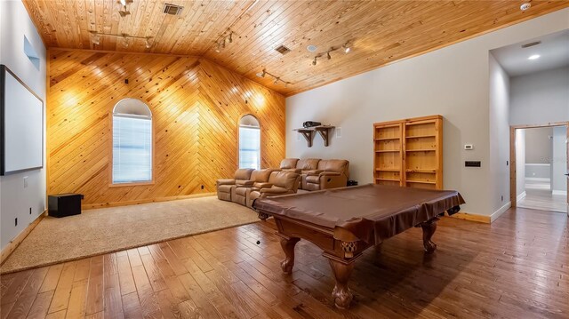 15245 Arabian Way, Montverde, FL 34756 - playroom featuring wood ceiling, wood walls, baseboards, hardwood / wood-style floors, and billiards table