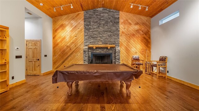 15245 Arabian Way, Montverde, FL 34756 - playroom with track lighting, wood ceiling, high vaulted ceiling, wood walls, and billiards