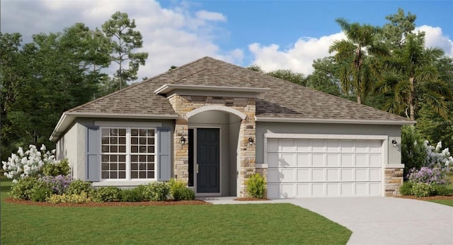 5036 Balsam Falls Rd, Deland, FL 32724 - view of front of house with stone siding, an attached garage, driveway, a front yard, and roof with shingles
