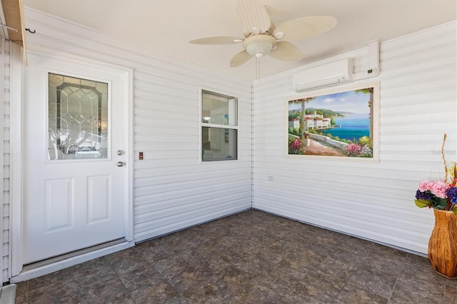 1615 Navidad St, The Villages, FL 32162 - doorway to property with a wall unit AC, a ceiling fan, and a patio area