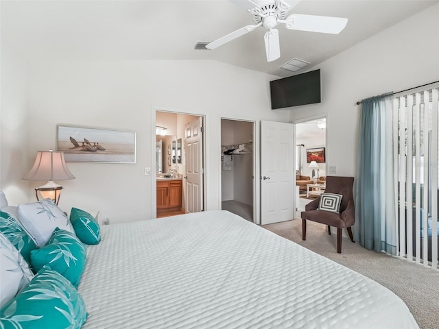 1713 Jadestone Ter, The Villages, FL 32162 - bedroom with carpet, lofted ceiling, a walk in closet, ceiling fan, and ensuite bathroom