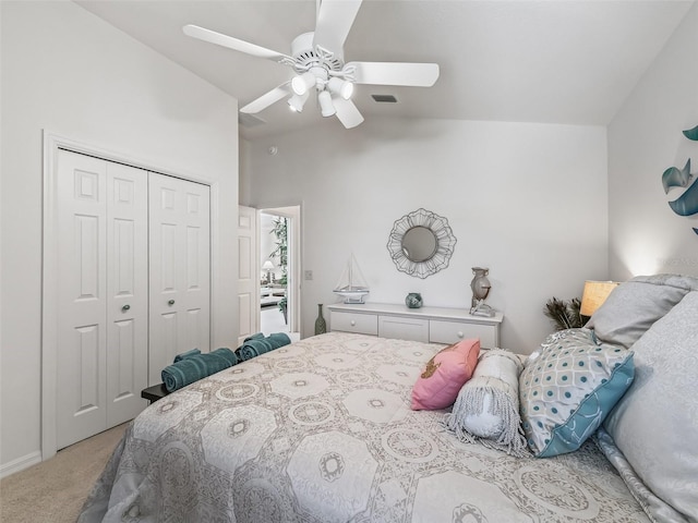 1713 Jadestone Ter, The Villages, FL 32162 - bedroom with light colored carpet, lofted ceiling, a closet, and ceiling fan