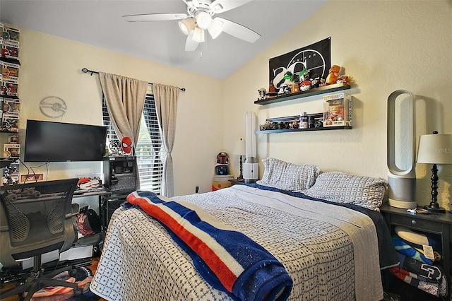 1204 Monterey Dr, Eustis, FL 32726 - bedroom with lofted ceiling, a desk, and a ceiling fan