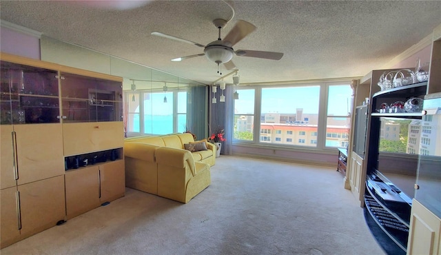 632 Edgewater Dr Unit 832, Dunedin, FL 34698 - carpeted living area with a textured ceiling, plenty of natural light, a ceiling fan, and lofted ceiling