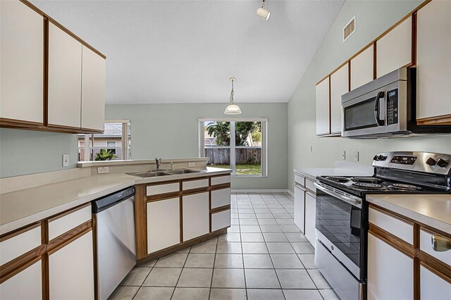 2711 Bayview Dr, Eustis, FL 32726 - kitchen with stainless steel appliances, a sink, lofted ceiling, light countertops, and plenty of natural light