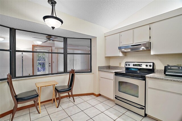 501 Cherry Tree St, Eustis, FL 32726 - kitchen featuring stainless steel range with electric cooktop, under cabinet range hood, a textured ceiling, light countertops, and ceiling fan