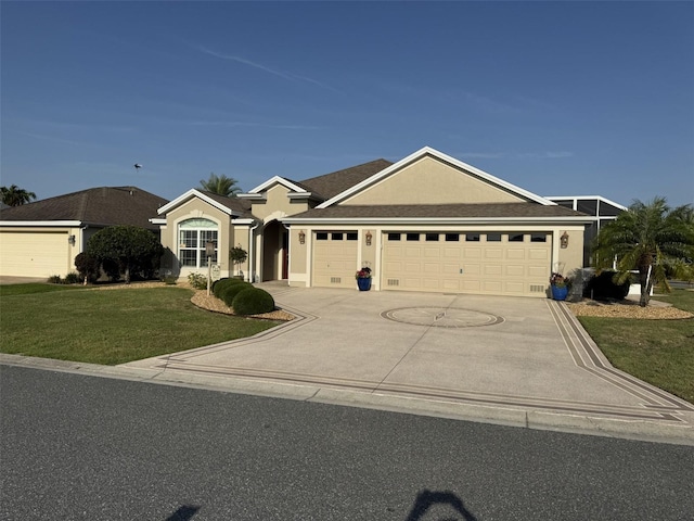 ranch-style house with a front yard, a garage, driveway, and stucco siding