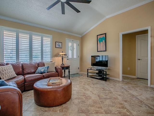 1206 Thompson Ave, The Villages, FL 32162 - living area featuring ceiling fan, lofted ceiling, ornamental molding, baseboards, and a textured ceiling