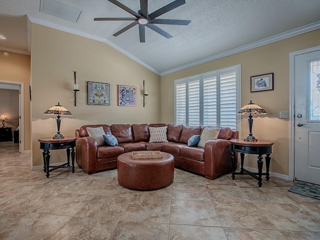 1206 Thompson Ave, The Villages, FL 32162 - living room featuring a ceiling fan, ornamental molding, lofted ceiling, baseboards, and a textured ceiling