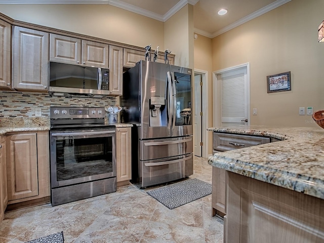 1206 Thompson Ave, The Villages, FL 32162 - kitchen with appliances with stainless steel finishes, crown molding, light stone counters, and tasteful backsplash