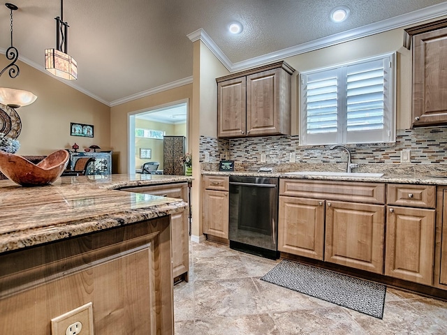 1206 Thompson Ave, The Villages, FL 32162 - kitchen with dishwasher, a sink, crown molding, tasteful backsplash, and hanging light fixtures