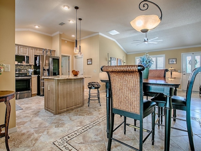 1206 Thompson Ave, The Villages, FL 32162 - dining space featuring vaulted ceiling, crown molding, a ceiling fan, and baseboards