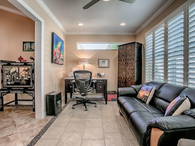 1206 Thompson Ave, The Villages, FL 32162 - office with crown molding, ceiling fan, baseboards, and recessed lighting