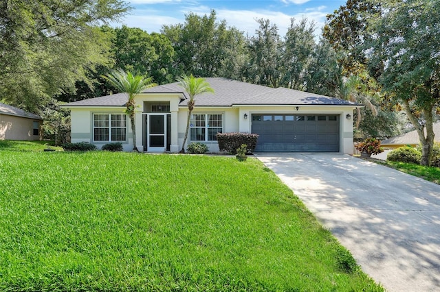 1311 Rain Forest Ln, Minneola, FL 34715 - ranch-style home with stucco siding, a garage, concrete driveway, and a front yard