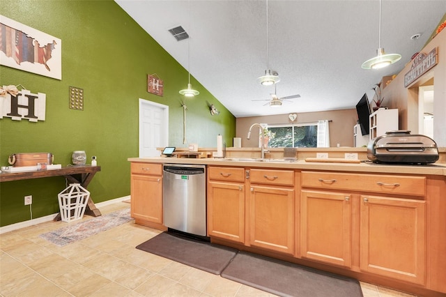1311 Rain Forest Ln, Minneola, FL 34715 - kitchen featuring stainless steel dishwasher, ceiling fan, light countertops, pendant lighting, and high vaulted ceiling