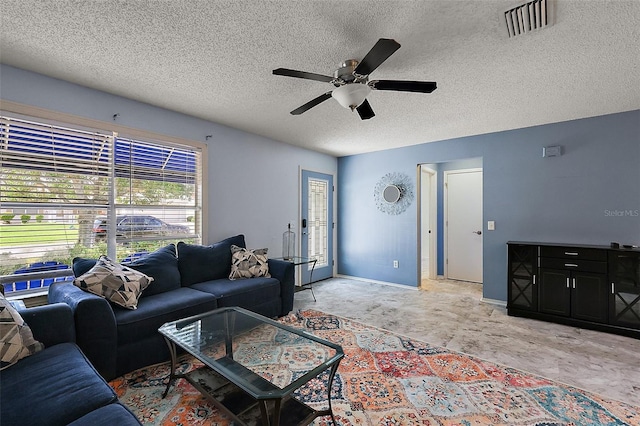2003 Cordero Ct, The Villages, FL 32159 - living room with ceiling fan and a textured ceiling