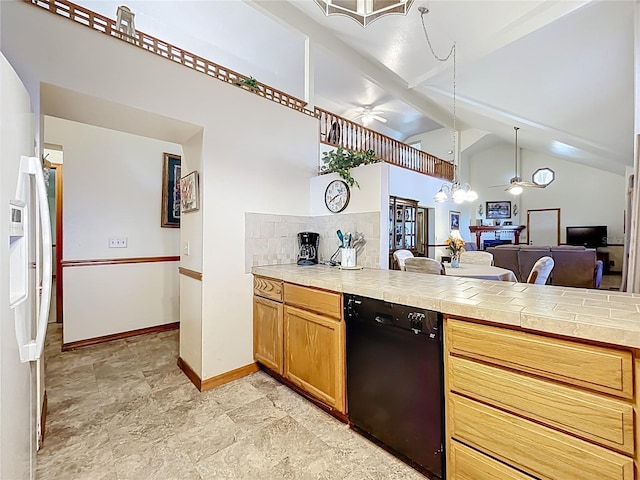 1107 Northshore Dr, Eustis, FL 32726 - kitchen featuring black dishwasher, ceiling fan, a chandelier, open floor plan, and baseboards