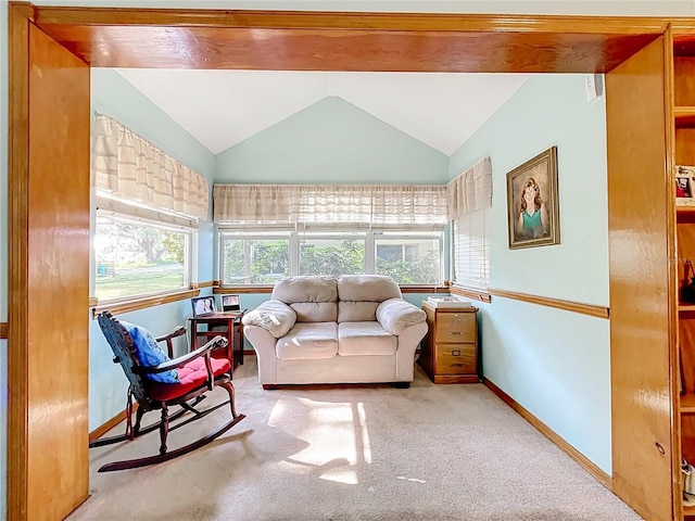 1107 Northshore Dr, Eustis, FL 32726 - living area with carpet, vaulted ceiling, and baseboards