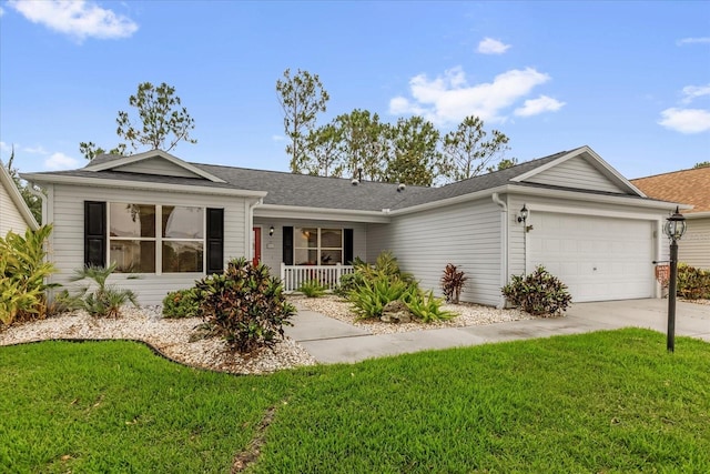 ranch-style home with a garage, a front lawn, driveway, and a porch