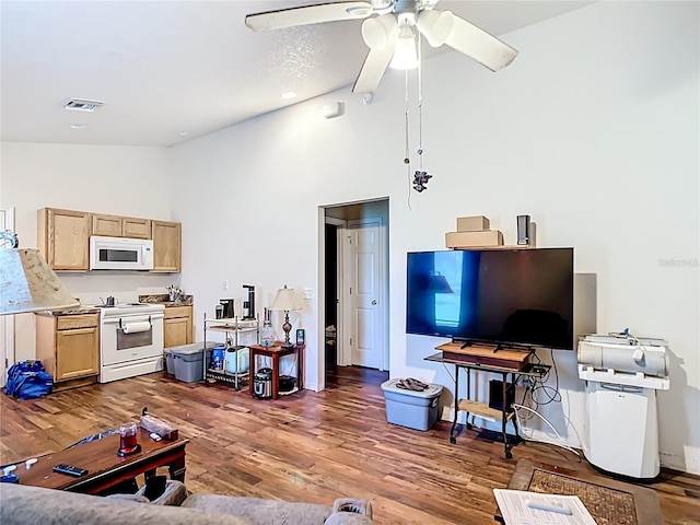 6710 Winkles St, Coleman, FL 33521 - living room with a ceiling fan, wood finished floors, and high vaulted ceiling