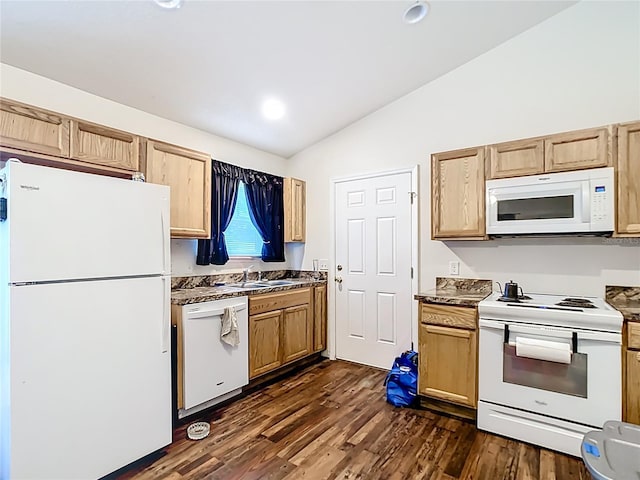 6710 Winkles St, Coleman, FL 33521 - kitchen with white appliances, lofted ceiling, dark wood finished floors, a sink, and light brown cabinetry