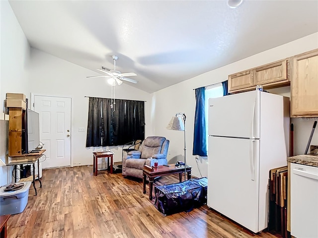 6710 Winkles St, Coleman, FL 33521 - living area with lofted ceiling, ceiling fan, and light wood-style flooring