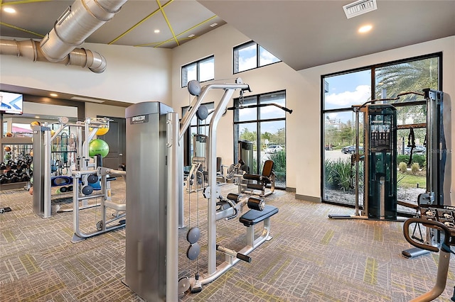 2928 Marlberry Ln, Clermont, FL 34714 - workout area featuring carpet flooring, a towering ceiling, and recessed lighting