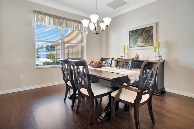 4716 Heritage Trl, Leesburg, FL 34748 - dining space featuring a chandelier, dark wood-style flooring, baseboards, and crown molding