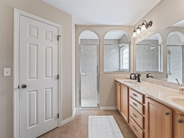 10986 SE 171st Street Rd, Summerfield, FL 34491 - bathroom featuring tile patterned flooring, double vanity, tiled shower, and baseboards