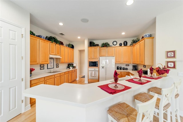 13165 SE 93rd Cir, Summerfield, FL 34491 - kitchen with black appliances, light brown cabinets, under cabinet range hood, recessed lighting, and a peninsula
