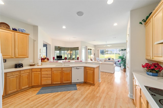 13165 SE 93rd Cir, Summerfield, FL 34491 - kitchen featuring dishwasher, a sink, a peninsula, open floor plan, and light wood-style floors