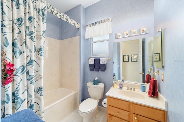 13165 SE 93rd Cir, Summerfield, FL 34491 - bathroom featuring toilet, shower / bath combination with curtain, vanity, tile patterned floors, and baseboards