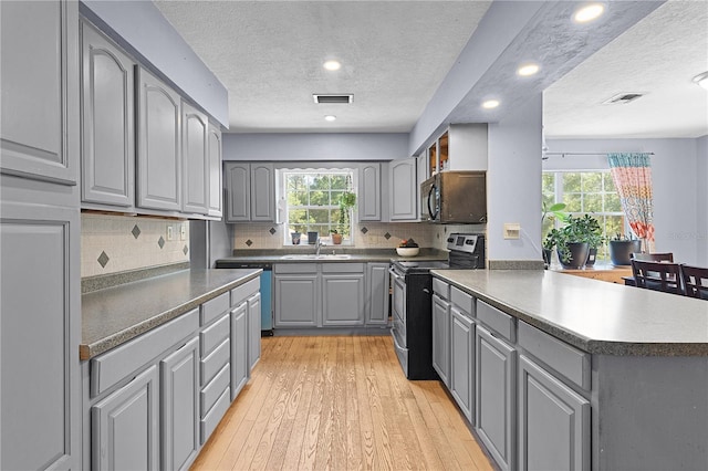 5581 SW 197th Ter, Dunnellon, FL 34431 - kitchen with stainless steel appliances, gray cabinetry, a textured ceiling, a peninsula, and healthy amount of natural light