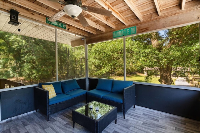 5581 SW 197th Ter, Dunnellon, FL 34431 - wooden terrace with ceiling fan and outdoor lounge area