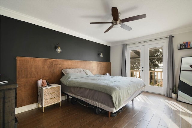 1226 Overlook Rd, Eustis, FL 32726 - bedroom featuring access to outside, french doors, crown molding, wood finished floors, and a ceiling fan