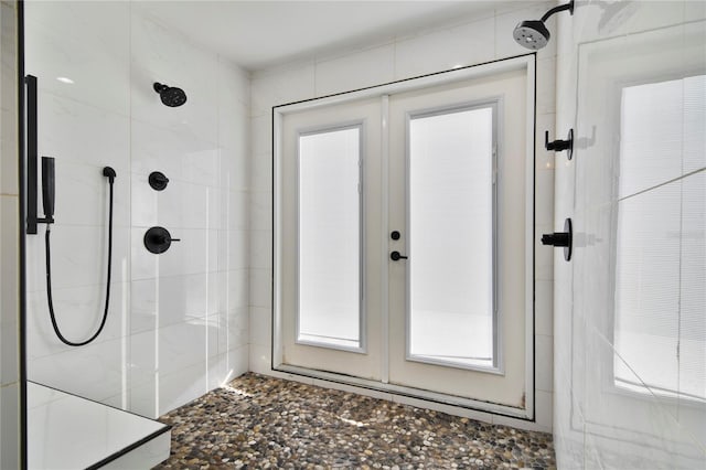 1226 Overlook Rd, Eustis, FL 32726 - bathroom with a tile shower and french doors