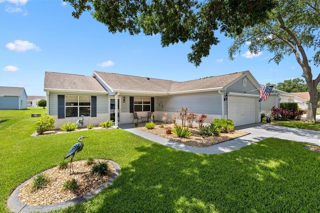 612 Lisbon Ln, The Villages, FL 32159 - ranch-style house with an attached garage, a front lawn, driveway, a porch, and a shingled roof