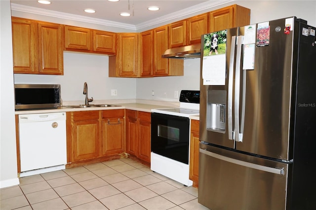 705 Poinsettia Ave, Fruitland Park, FL 34731 - kitchen with appliances with stainless steel finishes, a sink, under cabinet range hood, light countertops, and light tile patterned floors