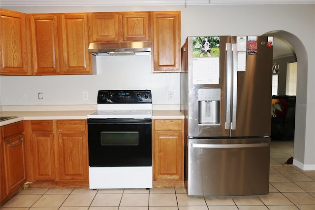 705 Poinsettia Ave, Fruitland Park, FL 34731 - kitchen featuring stainless steel refrigerator with ice dispenser, exhaust hood, electric range, light tile patterned floors, and light countertops