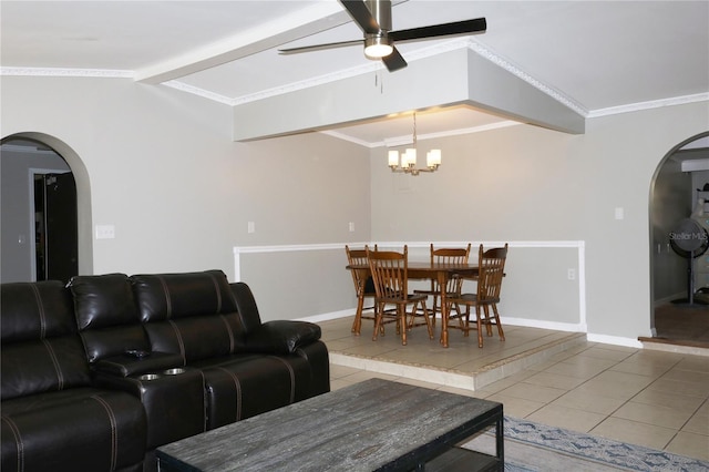 705 Poinsettia Ave, Fruitland Park, FL 34731 - tiled living area featuring arched walkways, a ceiling fan, a chandelier, and baseboards